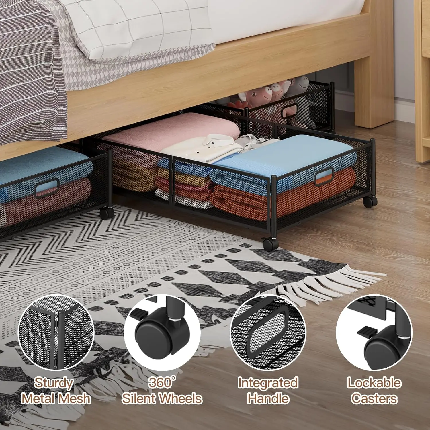 ที่เก็บของใต้เตียงมีล้อ ตะกร้าตาข่ายโลหะพับได้ ประกอบได้โดยไม่ต้องใช้เครื่องมือ แพ็ค 2 ชิ้น