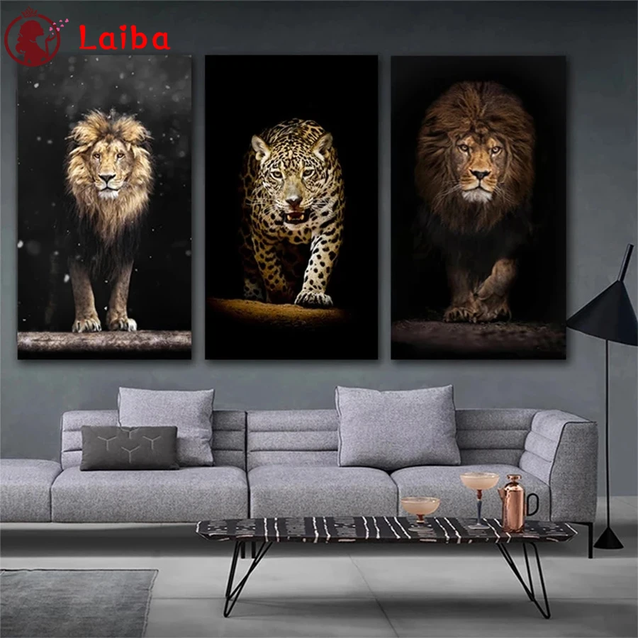 Modern Animal Art Diamond Painting, Lion, Leopard, Full Square, Round Drill, Mosaic Cross Stitch Wall Artwork, 3Pcs