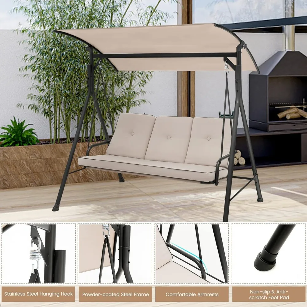 3人用ポーチブランコ、調節可能なキャノピー付きパティオブランコ、取り外し可能なクッション、固体金属構造、900ポンドの屋外キャノピースウィン