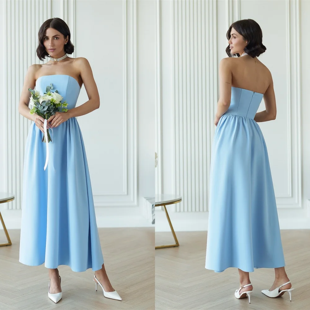 Customized Strapless Sleeveless Modern Cocktail Dress A-Line Ankle Length Soft Evening Dress Zipper Back Delicate Prom Dress