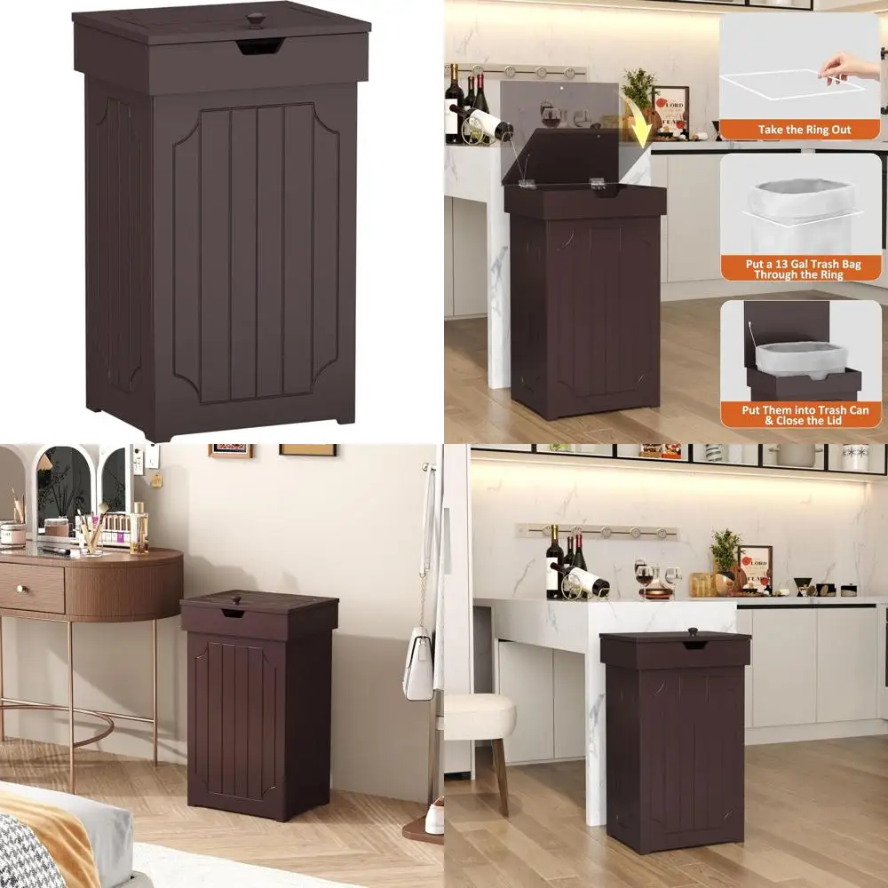 

13 Gallon Wooden Farmhouse Trash Bin with Lid, Dog-Proof Kitchen Waste Container for Home Use