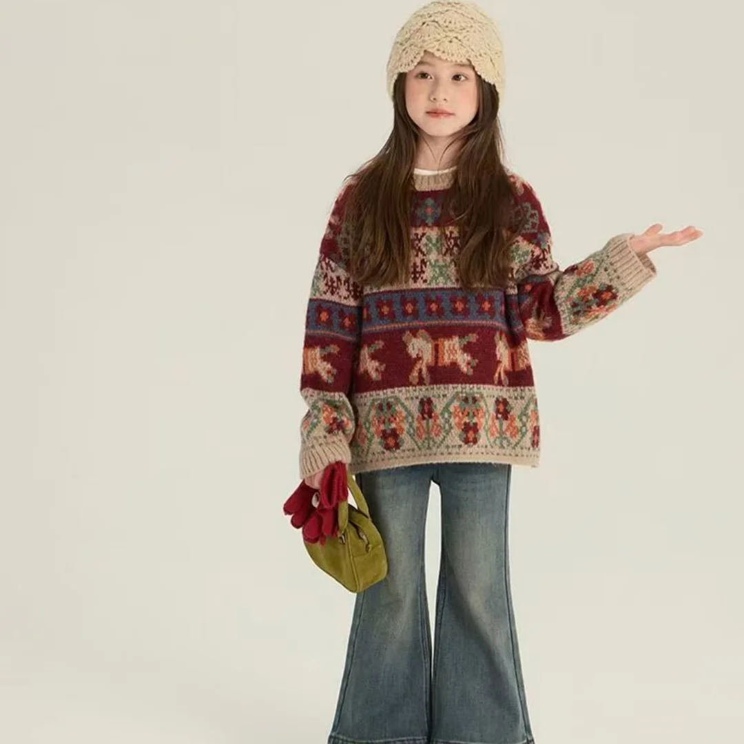 Girl's Atmosphere Jacquard Sweater Lazy Style Western Style Children's Thick Knitted Sweater Top Korean Versatile