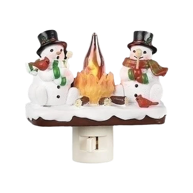 Snowmans And Campfire Night Light  Indoor Flickering Nightlight Decoration 3D LED Small Faux Campfire Night Light  US Plug