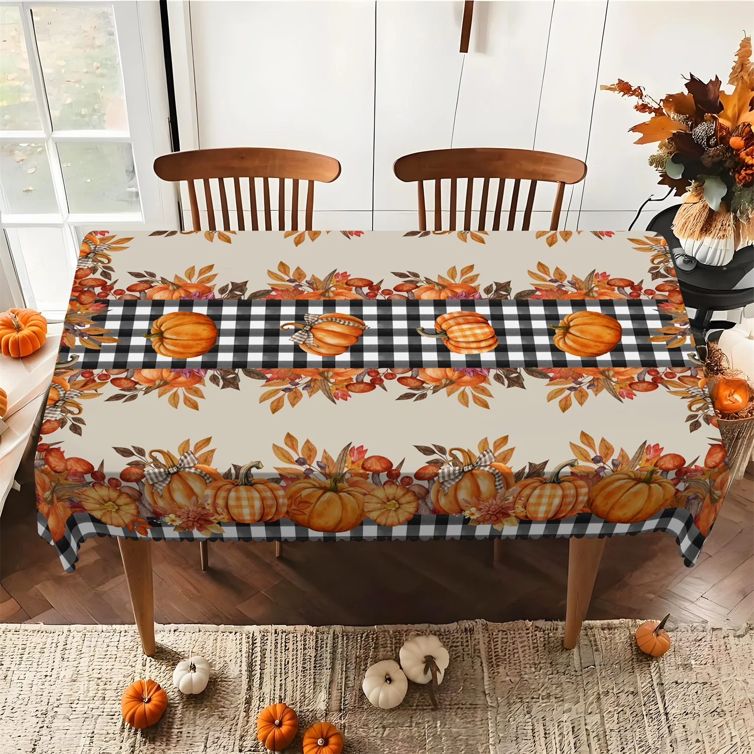Buffalo check bowknot pumpkin leaf mushroom tablecloth, for Thanksgiving home and kitchen decorationxzj
