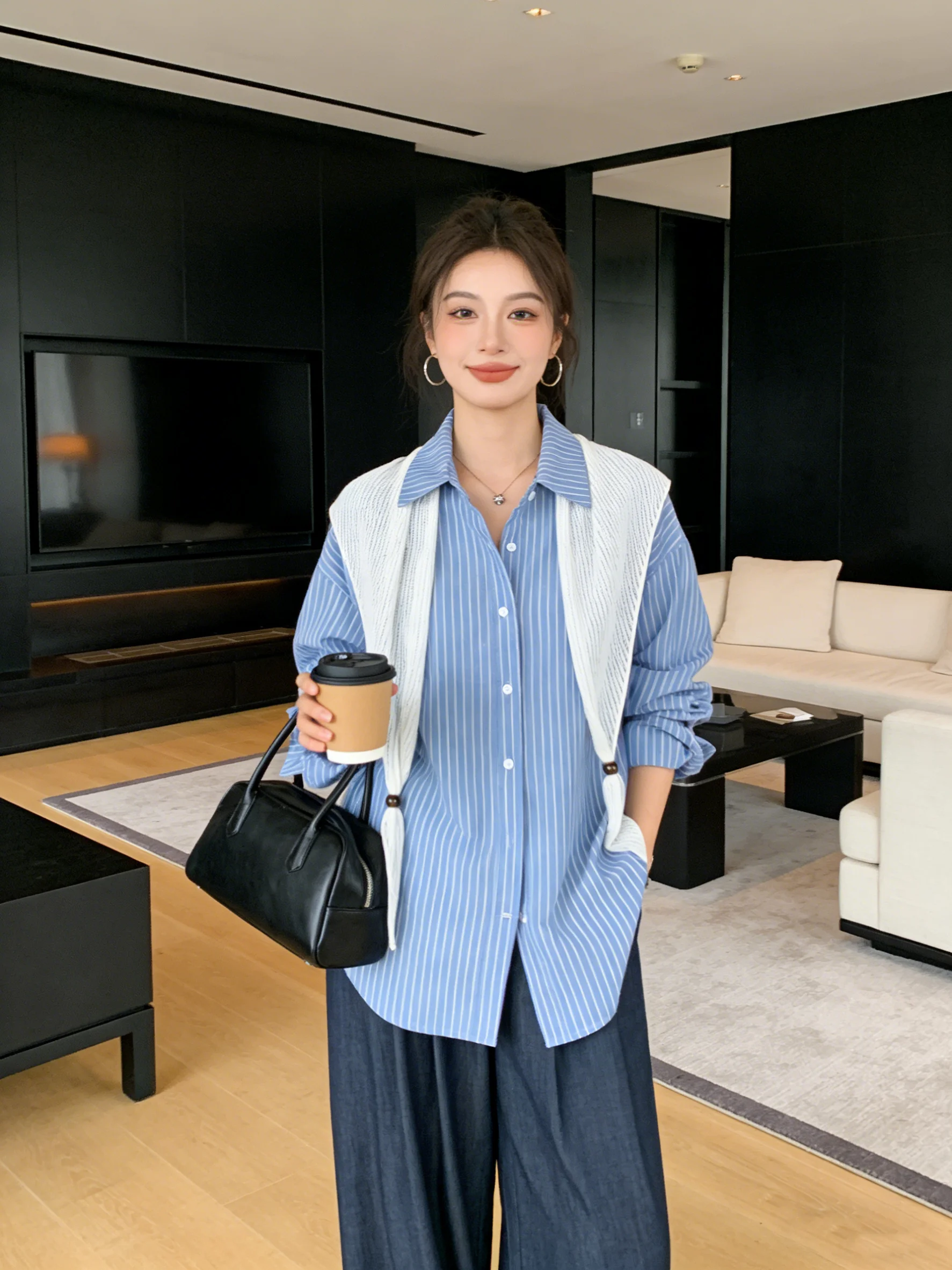 

Loose Long Sve Stripe irt Coat Korean Sle Sun Protection Casual Women's Faion Spring 2026 New Arrival Versatile Open...