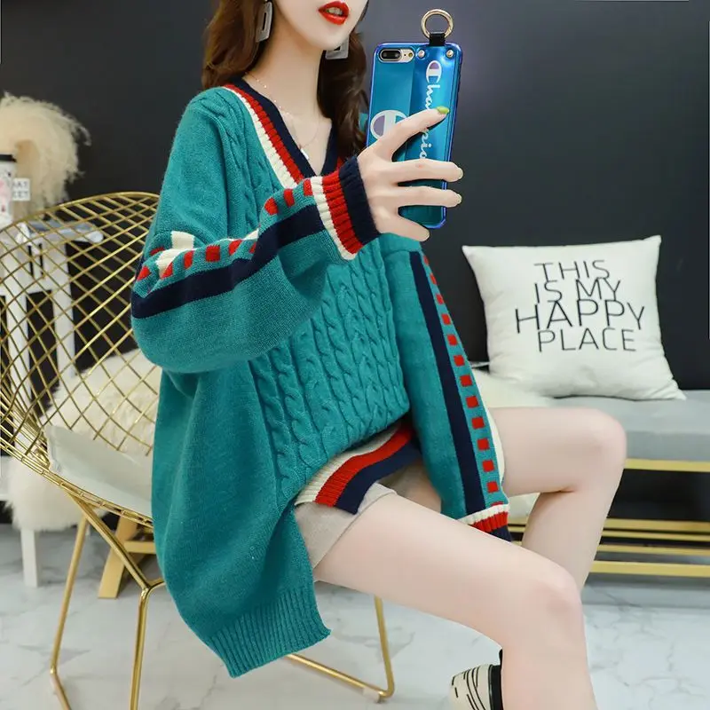 

Fashion V-Neck Spliced Loose Asymmetrical Sweaters Female Clothing 2023 Autumn Winter Oversized Casual Pullovers Korean Tops