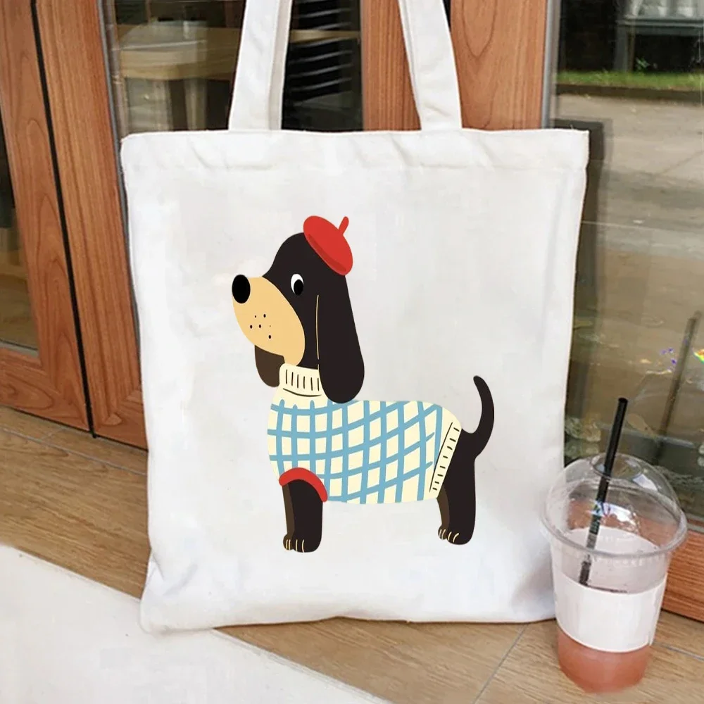Colorful Dachshund In Rainbow Sweater Canvas Tote Bag Daily Shopping,Commute,Travel,school,Yoga bag,Picnics,and Parties.
