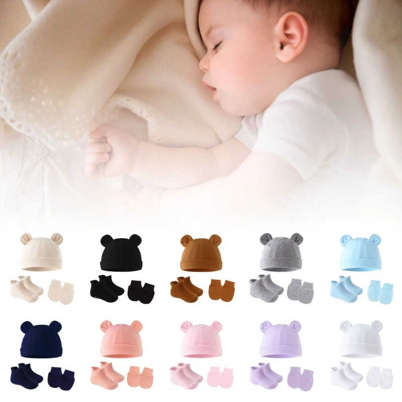 Lovely Baby Fetal Caps Newborns Hat with Anti Scratch Gloves Socks Set Breathable Infant Turban Hat Ear Protections Dropship