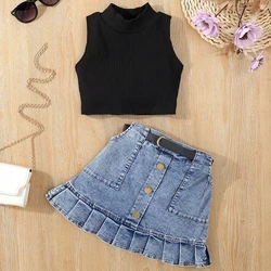 Summer Outfit Toddler Girl Clothes Fashion Solid Sleeveless Cotton Baby Tops+Denim Skirt Children's Sets Kids Clothing BC385