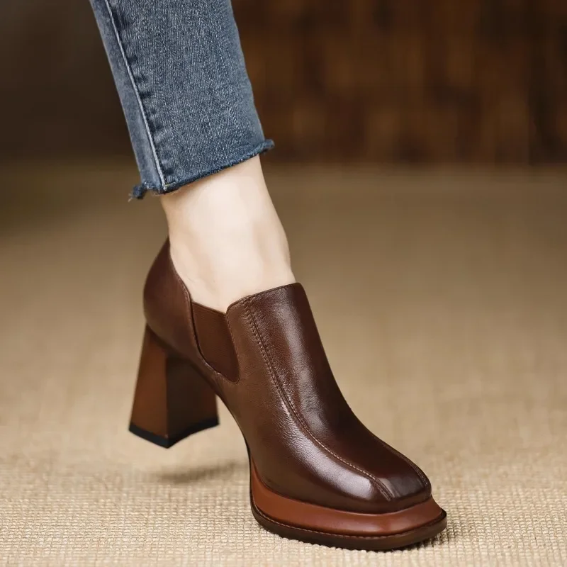 

New Fashion Vintage Platform Block Heel Spring Deep Mouth Single Shoes Square Toe Brown English Platform Temperament Pumps