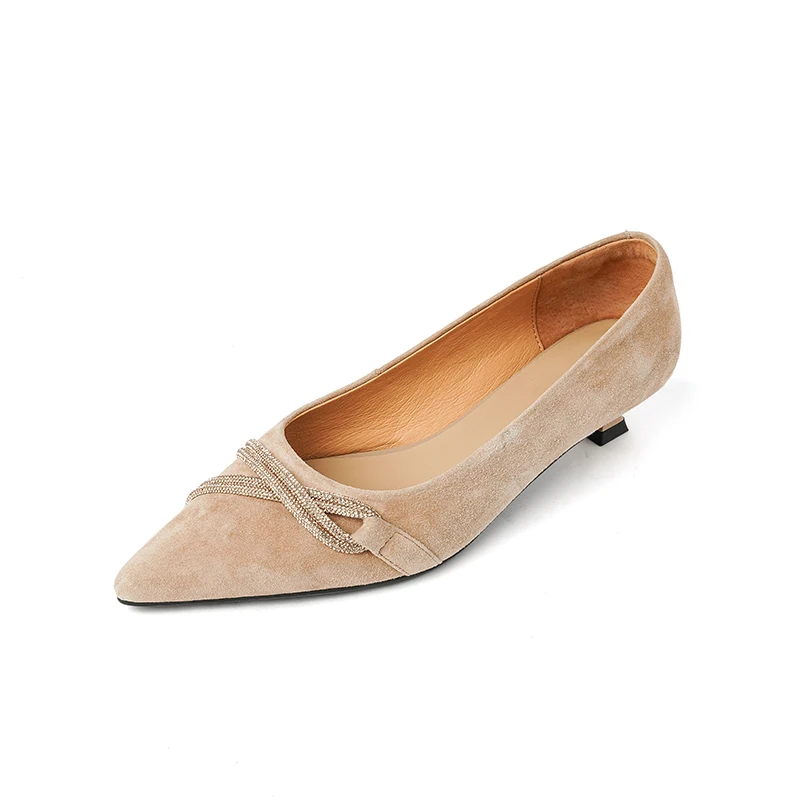 

Elegant Women Pointed Toe Pumps 3.5cm Kitten Heel Suede Shoes with Crystal Chain Black Nude