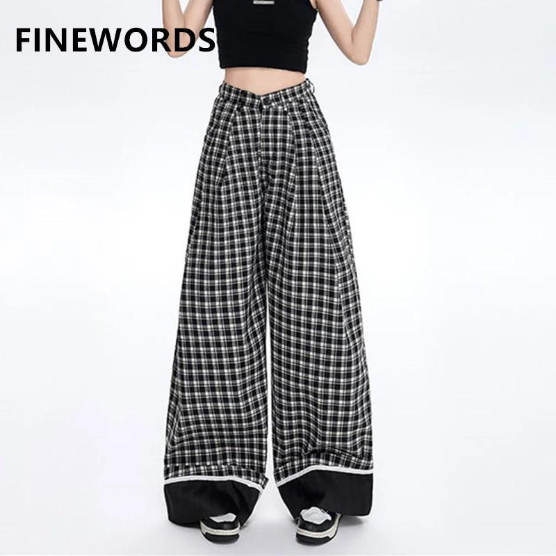 

FINEWORDS Vintage Summer Wide Leg Black Plaid Pants Women Loose High Waist Baggy Casual Pants Easymatch Streetwear Korean Pants