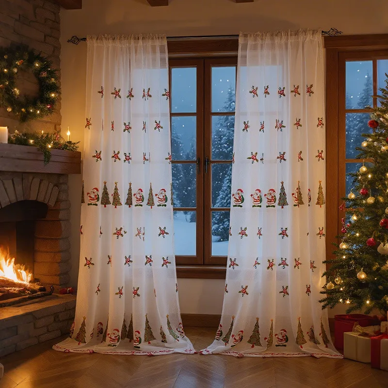1PC Christmas Santa Claus Embroidered Sheer Pole Curtain for Living Room Bedroom Festive Atmosphere Decorative Window Treatment