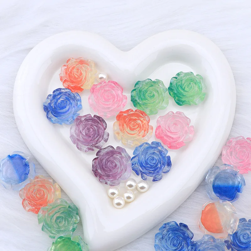 

100pcs Dual Color Gradient Luminous Resin Transparent Rose Flower Flatback Cabochon Diy Cell Phone Scrapbook Embellishment 27mm