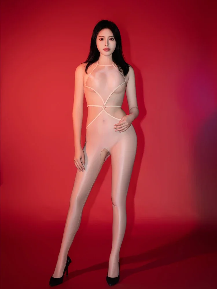 여성용 오픈 가랑이 바디 슈트 오일 글로시 초박형 쉬어 점프 슈트를 통해 볼 실키 스무스 스타킹 백리스 나이트 클럽 착용 레오타드