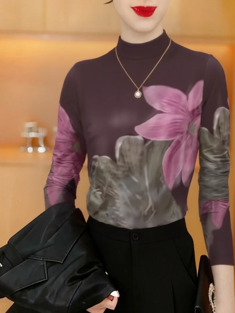 

Утепленная флисовая кофта с высоким воротником и длинными рукавами, с принтом, женская модная облегающая кофта в стиле Mommy, повседневный теплый топ из полиэфирного волокна