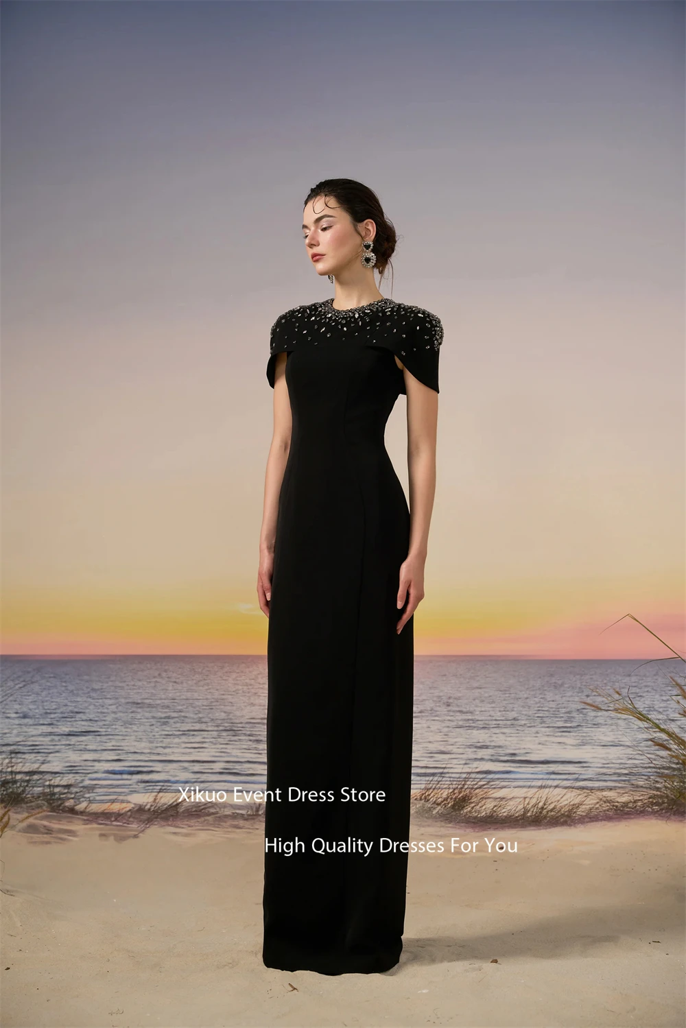 فستان سهرة رسمي أسود مستقيم من Xikuo بأكمام قصيرة فساتين حفلات كريستال مطرز سباركلي فساتين المشاهير حسب الطلب #4