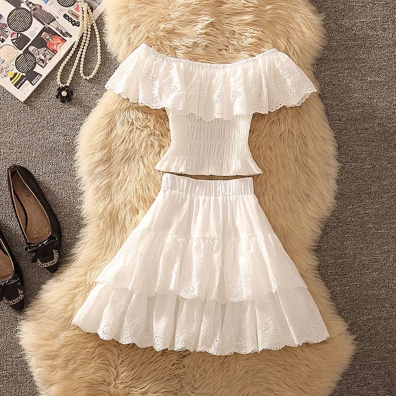 

Sweet Skirt Sets Slash Neck Women Tops Summer New White Off The Shoulder Ruffle Top and High Waist Skirts Princess Two Piece Set