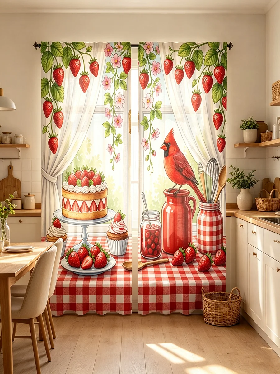 2PCS Digital Print Curtains Red Gingham Strawberry Cake Cardinal Bird Print Farmhouse Kitchen Window Curtains