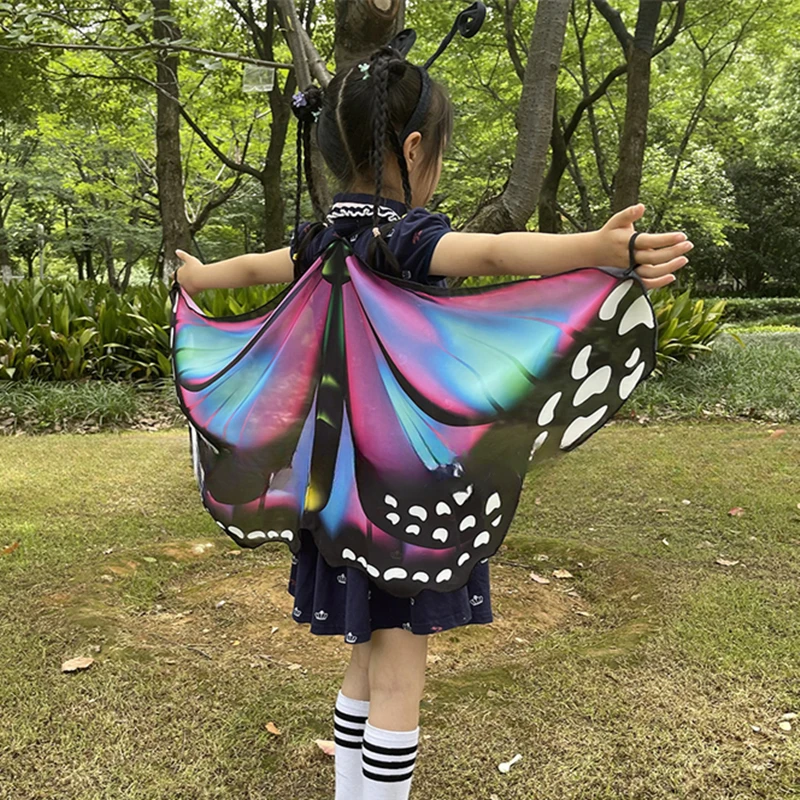 Butterfly Cape Wings Kids Girls Monarch Princess Dress Up Fairy Costume Halloween Dance Party Favors Wing Shawl Pretend Play Top