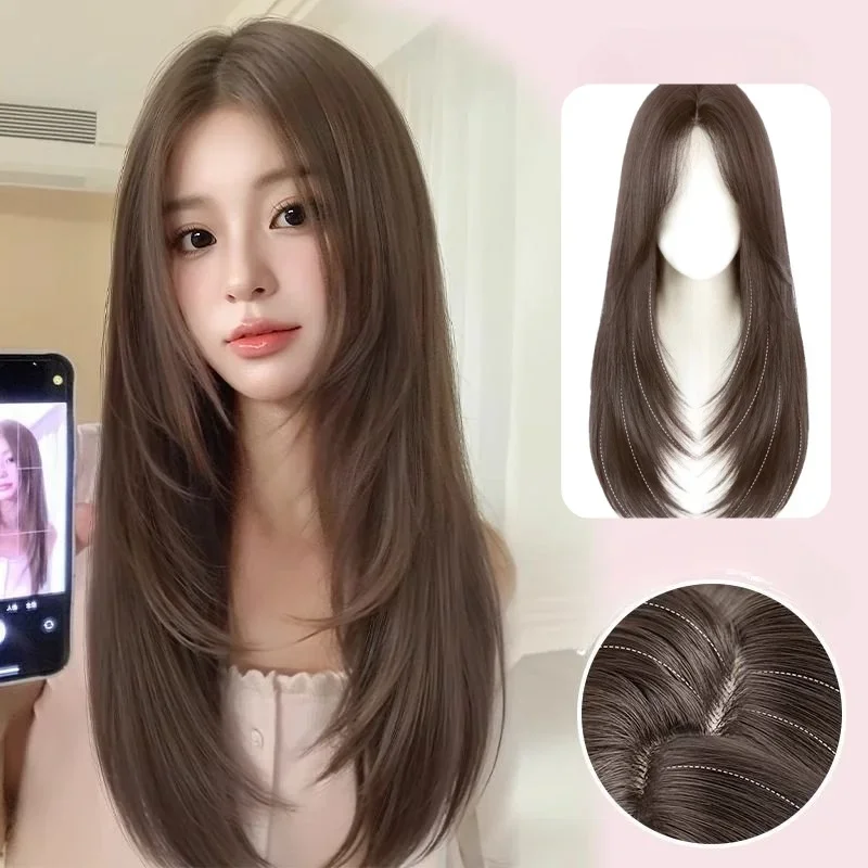 Brown Wig Female Long Straight Hair Wig Cool Girls Layering Lace Front Wigs Fashion Natural Synthetic Headband Wigs Cosplay 가발