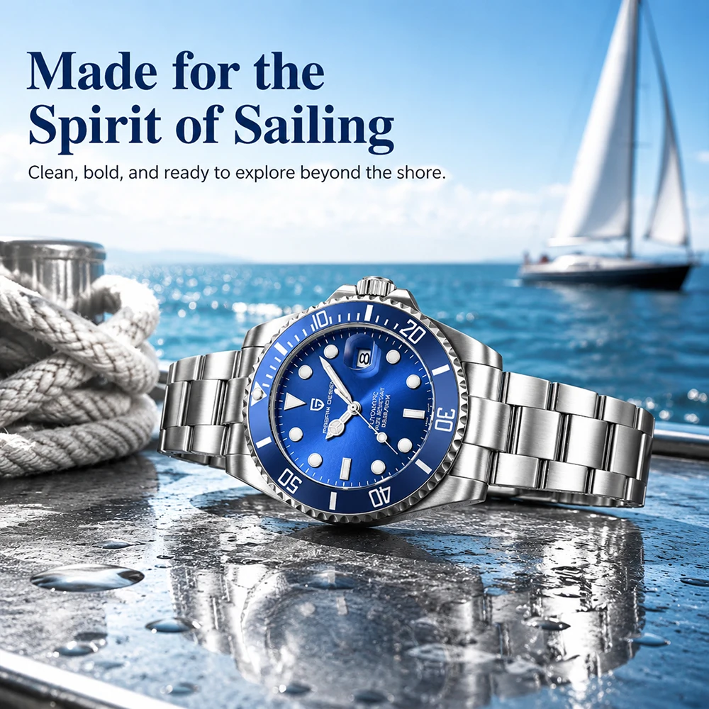 

Luxury Automatic Mechanical Watch for Men 100M Waterproof Blue Luminous Diver Wristwatch Sailing Yacht Sport Business Clock+box