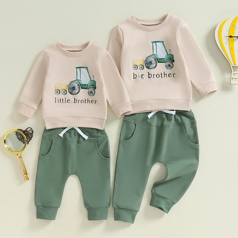 2024-05-31 Lioraitiin Boys Autumn 2PCS Outfit Sets Long Sleeve O Neck Letter Tractor Print Tops Solid Color Pants Sets