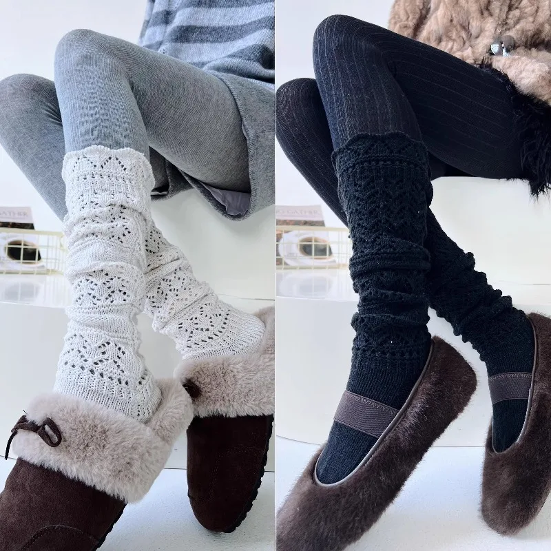 

Thermal Knitted Leg Warmers for Women Hollow-out Warm Winter Socks Cozy Vintage Style Mid Calf Socks for Cold Weather Hosiery