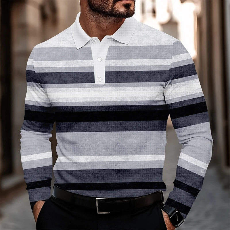 2025 Fall Winter Stripe Long Sleeve Polo Shirt Breathable Casual 3D Printed Tops Slim Fit Quick Drying Classic Collar Polo Shirt