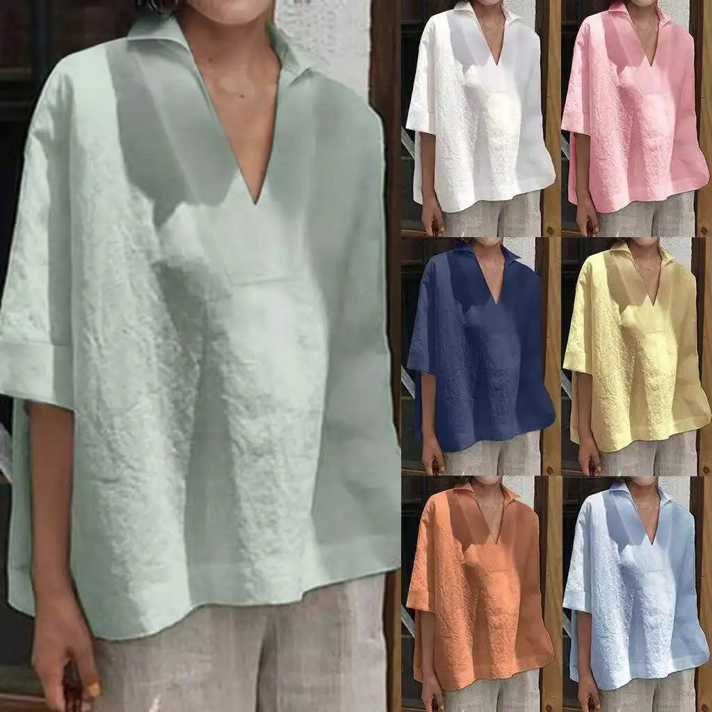

2025 Spring and Summer V-neck Cotton and Linen Versatile Solid Color Large Size Loose Medium-sleeved Women's Shirt
