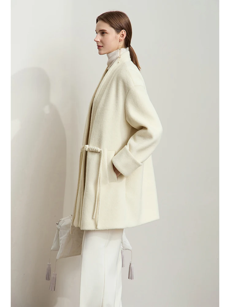 Amii Minimalist Women's New-Chinese Woolen Coat 2026 Winter V-neck Disc Buckle Lady Drop Cuff Loose Mid-length Overcoat 12454010
