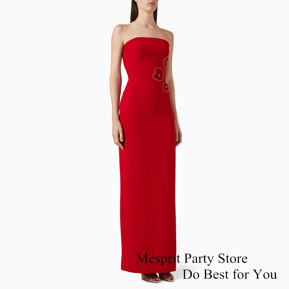 

Red Evening Dress Strapless Sleeveless Beading Flower Straight Ankle Length Saudi Arabian Prom Gown Formal Occasion Dresses