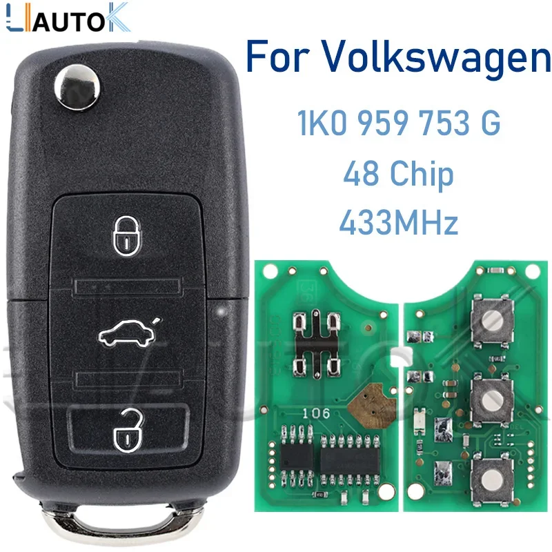 

Remote Flip Car Key For VW/VOLKSWAGEN SKODA CADDY EOS GOLF JETTA SIROCCO TIGUAN/TOURAN 1K0959753G HU66 48Chip 433Mhz 3 Buttons
