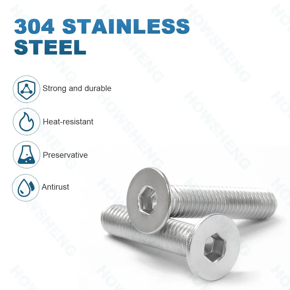 HOWSHENG 2-50pcs Hex Socket Flat Head Screw M2 M2.5 M3 M4 M5 M6 M8 M10 Stainless Steel Allen Countersunk Head Bolts