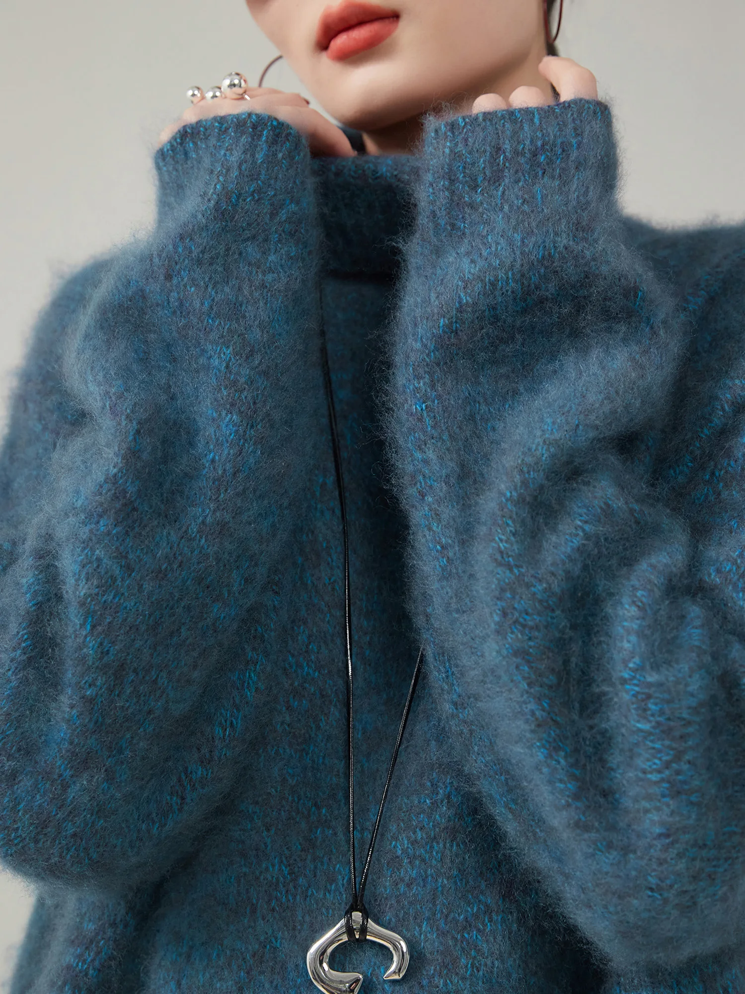 

Синий вязаный свитер с высоким воротником для женщин, новая зимняя коллекция, винтажный, мягкий, из полиэфирного волокна, длинный топ