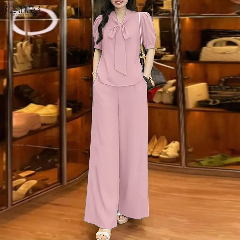

2026 ZANZEA Women Summer 2 Piece Sets Elegant V Neck Short Sleeve Blouse Pant Sets Stylish Casual Solid OL Work Outfit Tracksuit