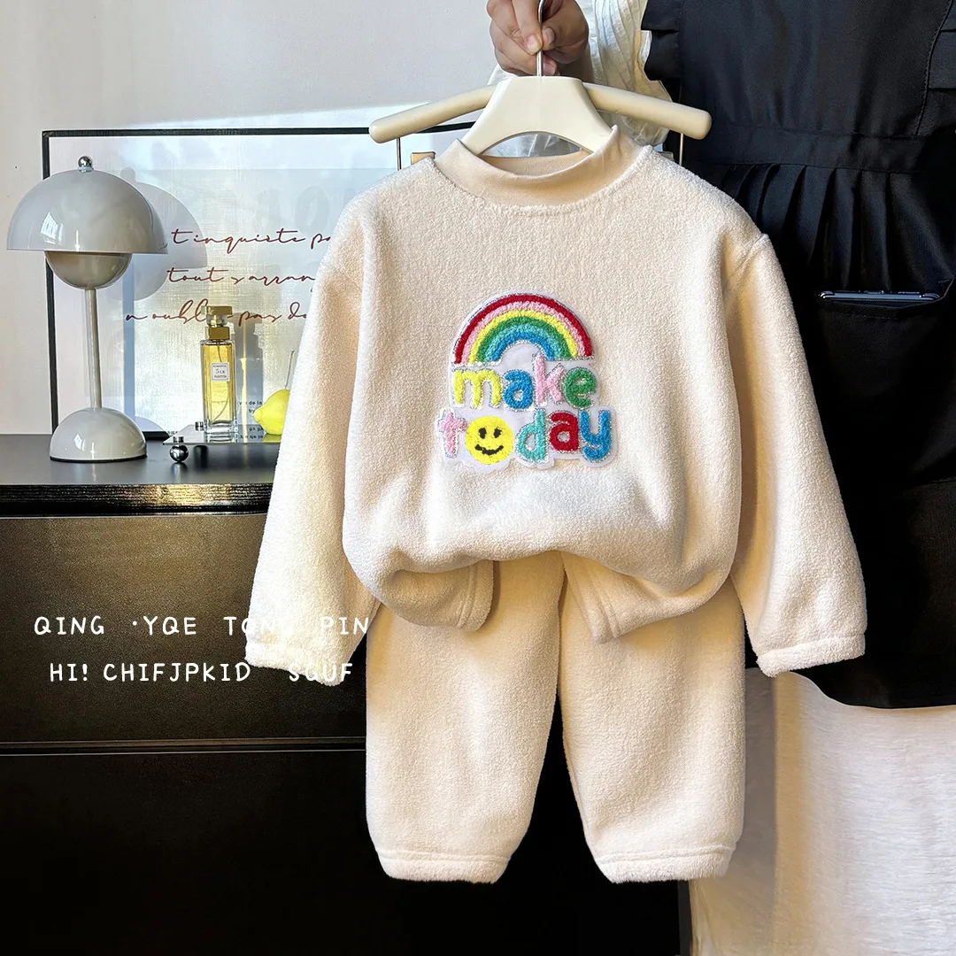 Children's Warm Set Autumn/Winter Girls Soft Home Clothes Outdoor Wear Thick Two Piece Set Dinosaur Bear Cartoon Pattern Pajamas