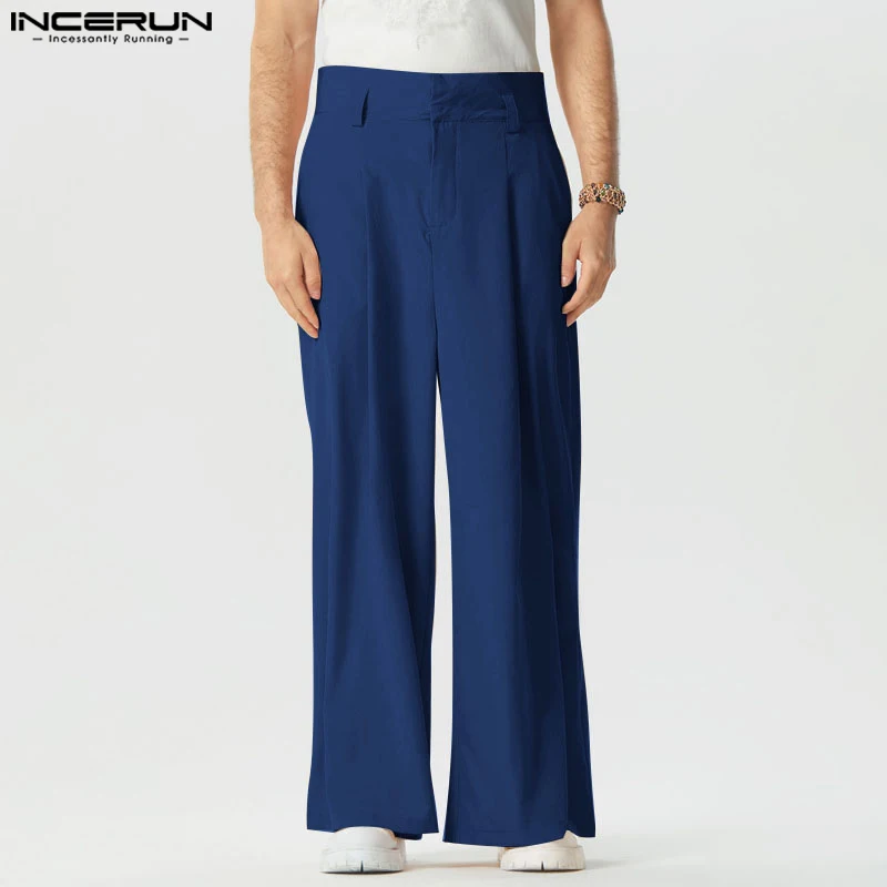 INCERUN-Pantalon à jambes larges pour hommes, couleur unie, taille haute, à lacets, streetwear, mode jogging, décontracté, 2024