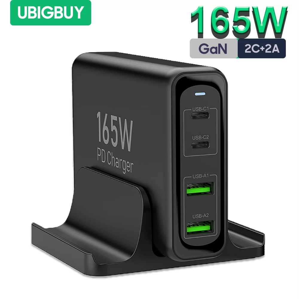 Ubigbuy 165W USB C Charger 4 Ports USB C Charging Station GaN Fast Desktop Charger for MacBook Pro iPhone 15/14 Samsung S23 iPad