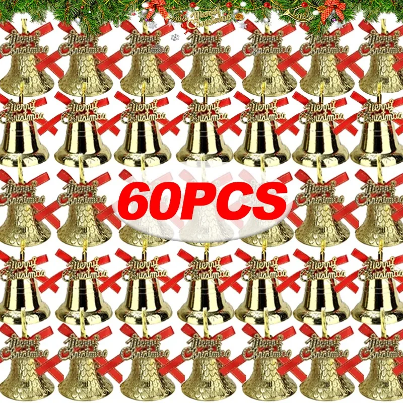 6/60Pcs Golden Christmas Bell Ornaments Plastic Holiday Xmas Tree Window Party Home Indoor Bow Bell Decorations No Power Needed