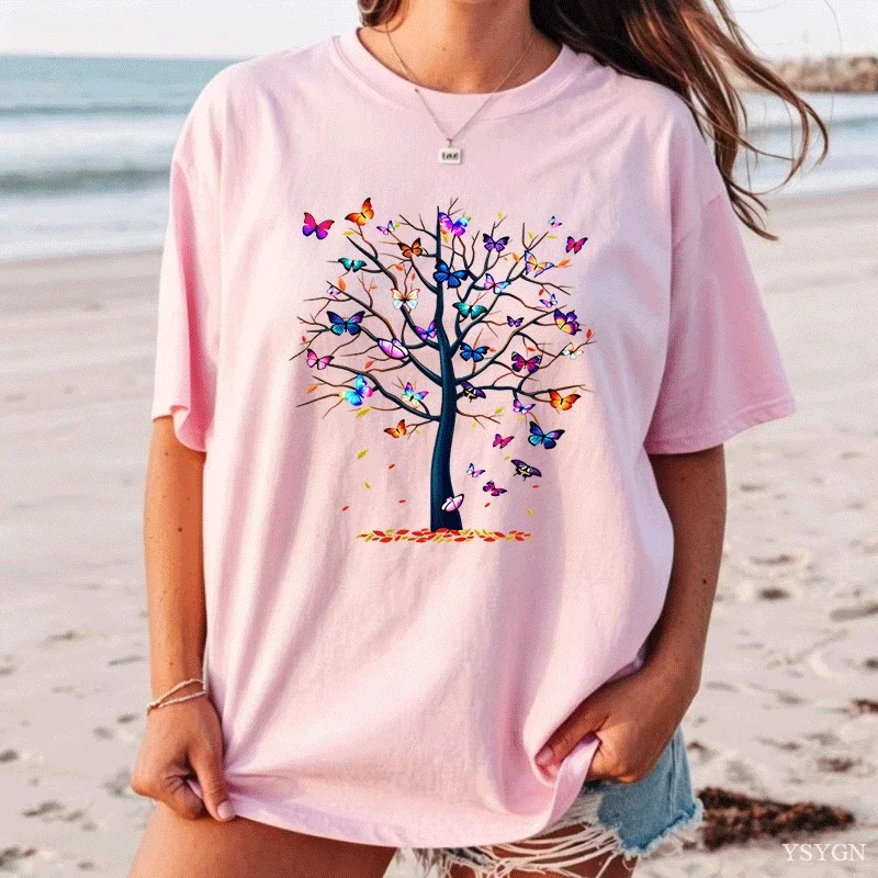 Woman Butterfly Tree Print Harajuku Summer Tshirts Casual Round Neck Short Slee Top Tee Shirt Women Black T-shirt Drop Ship