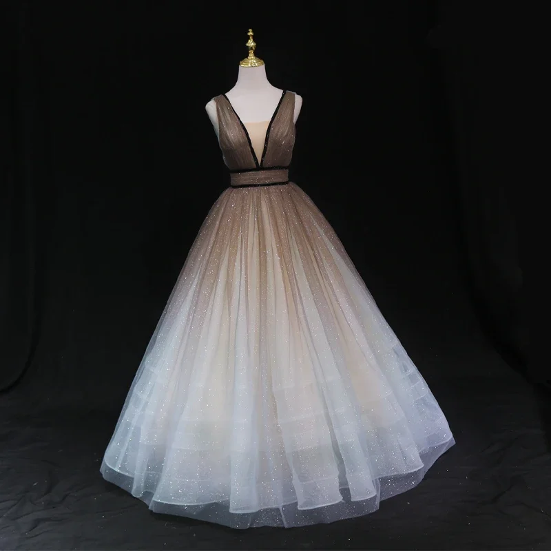 Customized Evening Dress Gradient Coffee V-neck Pleat Sleeveless Lace up A-line Floor Length Plus size Women Party Formal Gown