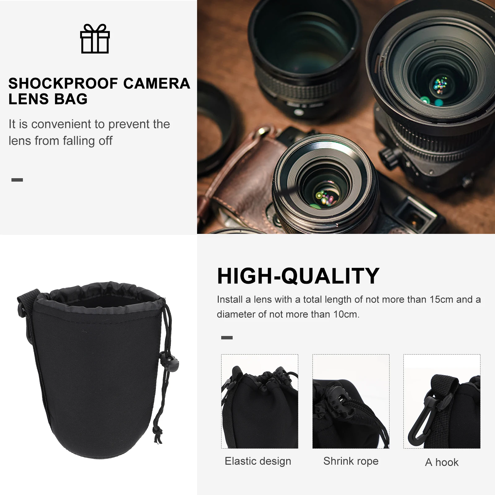 

2Pcs Camera Lens Pouch Neoprene Elastic Shockproof Thermal Insulation Bag for Dslr Lens Diameter 9cm Black Camera Pouch