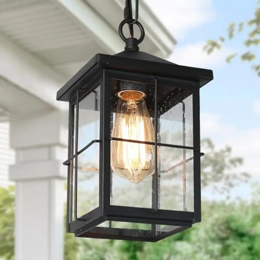 Outdoor Pendant Light Fixture, Farmhouse Black Anti-Rust Ceiling Outdoor Light with Seeded Glass, Exterior Square Hanging Lante