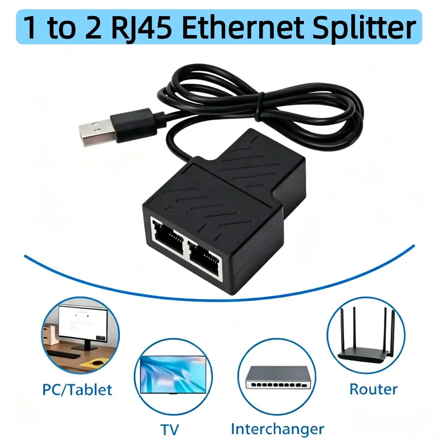 1000Mbps Network Splitter 1 to 2 RJ45 Ethernet Splitter Adapter LAN Connector Cat 5/5e/6/7/8 with USB Power Cable for PC Laptop