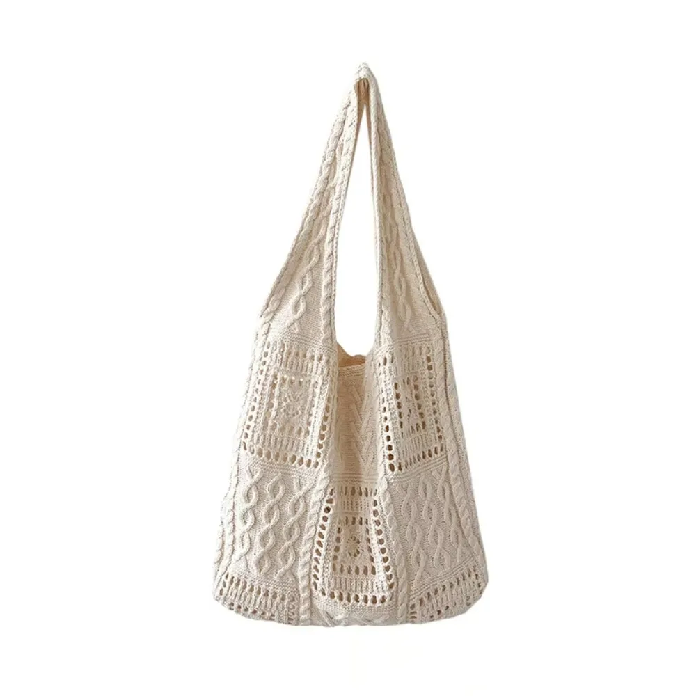 

Portable Knitted Crochet Handbag Hollow Out Large Capacity Shopping Shoulder Bag Breathable Polyester Woven Tote Bag Vacation