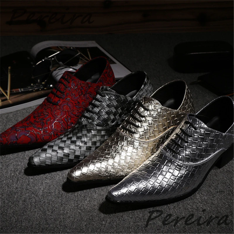 

Retro Woven Men's Shoes Summer New Breathable Genuine Leather Lace Up High Heel Shoes Gold Silver Trendy Casual Business Shoes