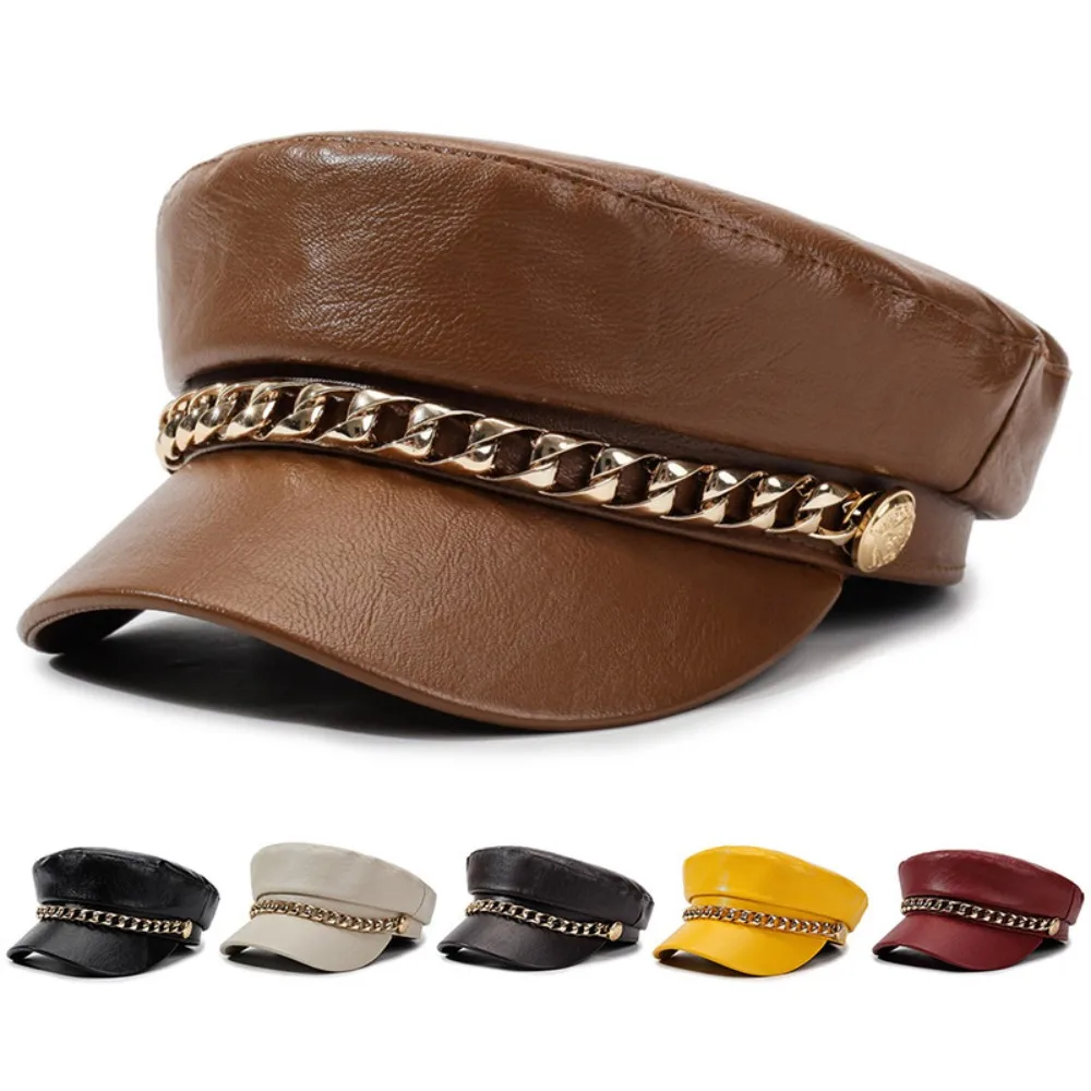 Retro PU Leather Newsboy Cap Chain Decor Adjustable Strap Baker Boy Cap Short Brim Faux Leather Beret Hat Outdoor Wear