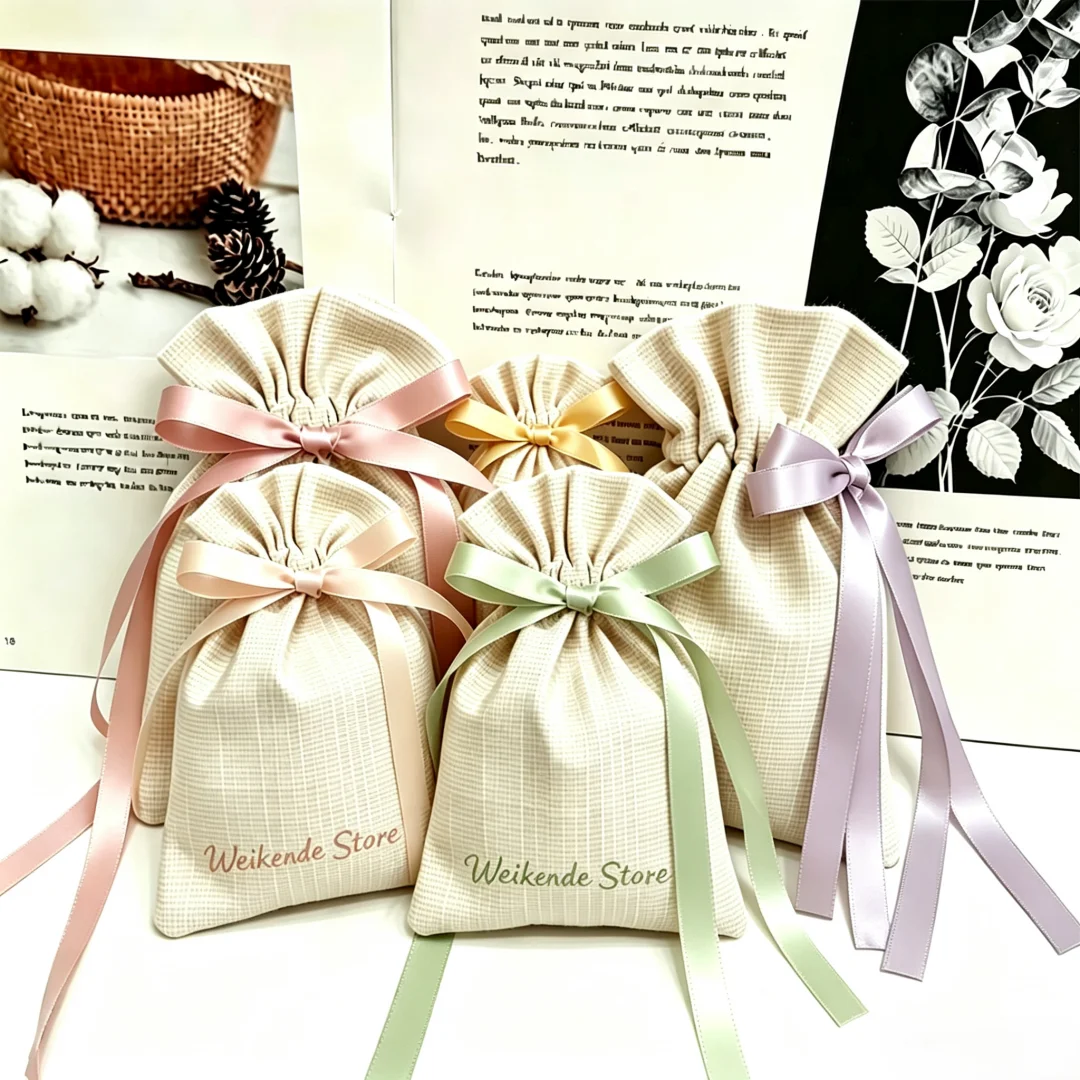 100Pcs Custom Logo Natural Bamboo Cotton Drawstring Pouches Packing Bags for Jewelry Cosmetics Jade Wedding Candy &Newborn Gifts