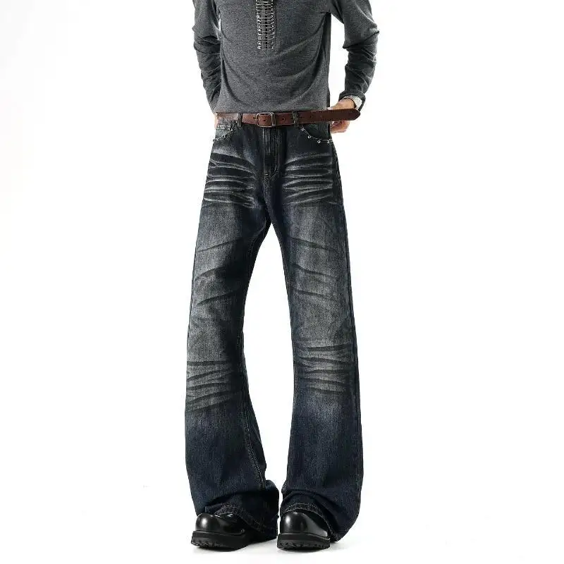 Men's Washed Wrinkled Cat Whisker Pattern Jeans Boys Casual Denim Pants Wide Legs Sweatpants Male High Waist Unisex Trousers